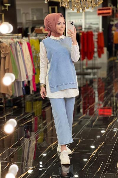 6909 Tencel Gömlek Üstü Kot Takım Mavi