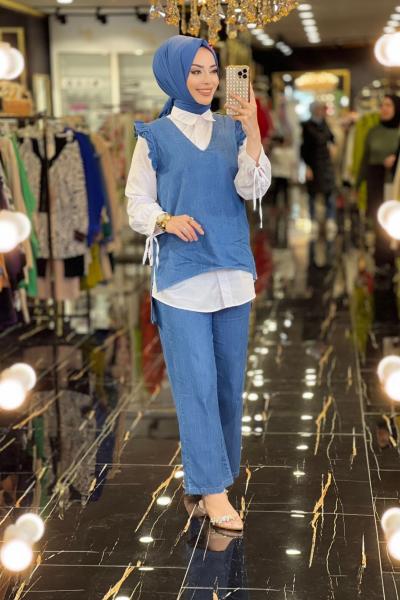 6918 Omuzlar Fırfırlı Yelek Gömlek Tencel Takım Lacivert