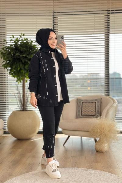 6932 Ön Ve Paça Taş Baskılı Kot Takım Siyah