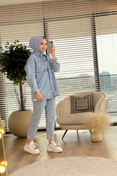 6932 Ön Ve Paça Taş Baskılı Kot Takım Mavi