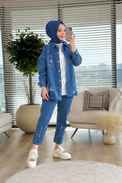 6932 Ön Ve Paça Taş Baskılı Kot Takım Lacivert