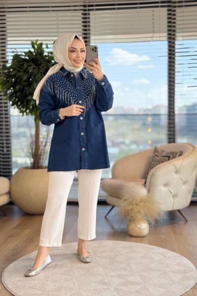 6944 Robası V Zincir Ve Zımba Detaylı Kot Ceket Lacivert