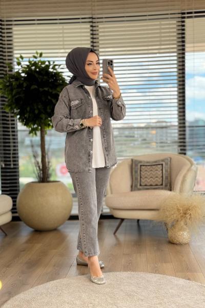 6947 Cep Kapağı Taş İşlemeli Kot Takım Antrasit