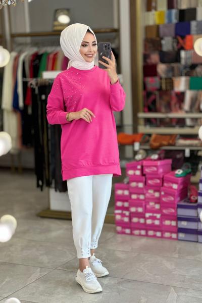 6948 İki İplik Sol Omuz Taş Detaylı Tunik Fuşya