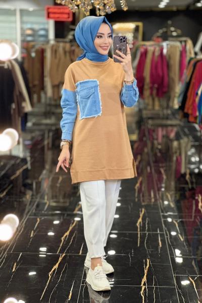 6957 Cep Ve Kolları Kot Sweat Latte