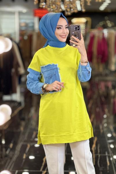 6957 Cep Ve Kolları Kot Sweat Yağ Yeşili