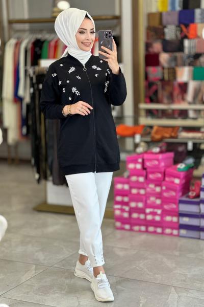 6964 Önü Taş İşlemeli İki İplik Hırka Siyah