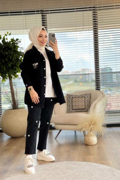 6986 Cebi Boncuk Ve İnci İşli Kot Gömlek Siyah