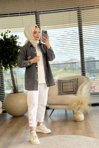 6986 Cebi Boncuk Ve İnci İşli Kot Gömlek Antrasit