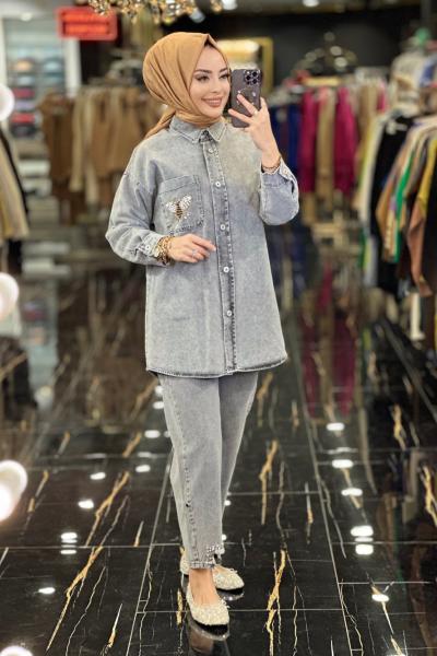 6986 Cebi Boncuk Ve İnci İşli Kot Gömlek Antrasit