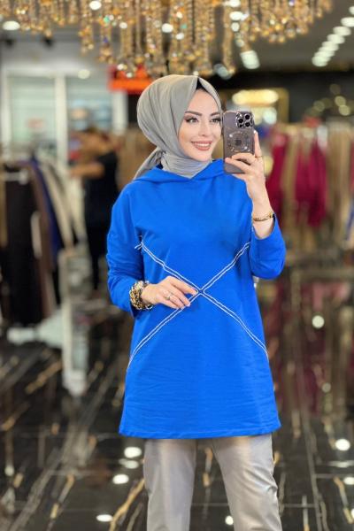 6989 Önü Büyük Üçgen Taş Baskılı Kapşonlu Tunik Saks