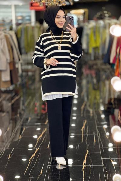 7001 Enine Kalın Çizgili Triko Pantolon Takım Siyah