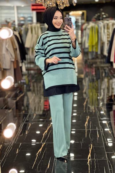 7001 Enine Kalın Çizgili Triko Pantolon Takım Çağla