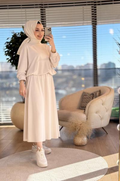 70011 Osyho Sıfır Yaka Kanguru Cepli Takım Bej