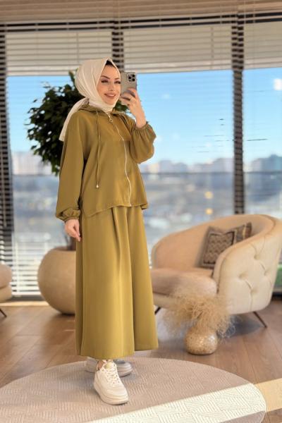 70041 Ön Fermuarlı Kapşonlu Takım Yağ Yeşili