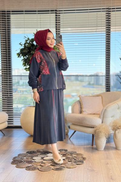 70069 Omuz Ve Yanları Desen Parçalı Takım Siyah Kırmızı