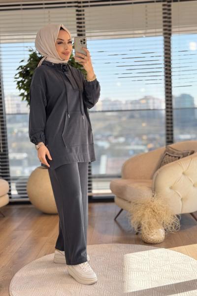 70079 Yandan Düğmeli Kapşonlu Takım Siyah