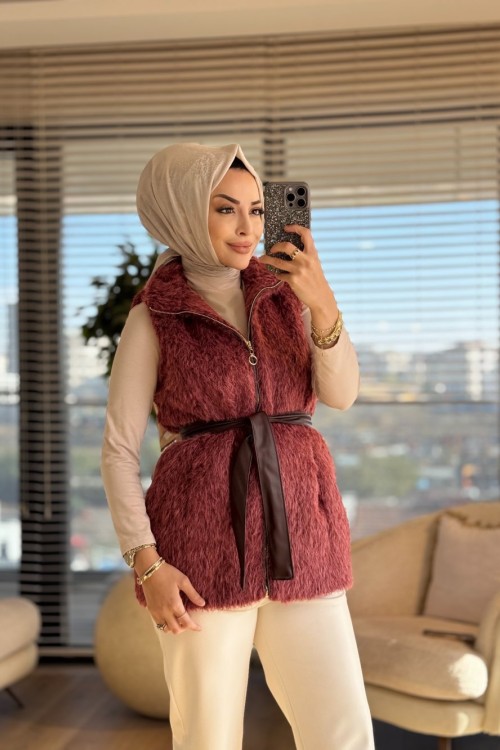 70083 Saçak Önden Fermuarlı Yelek Bordo
