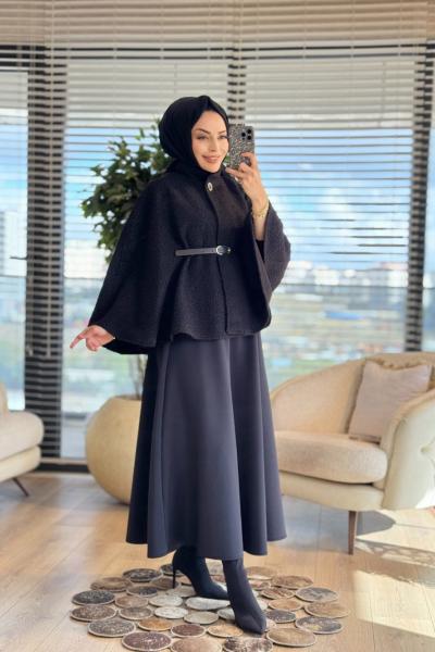 70089 Bukle Tek Düğme Pelerin Siyah