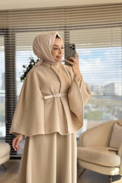 70089 Bukle Tek Düğme Pelerin Taş