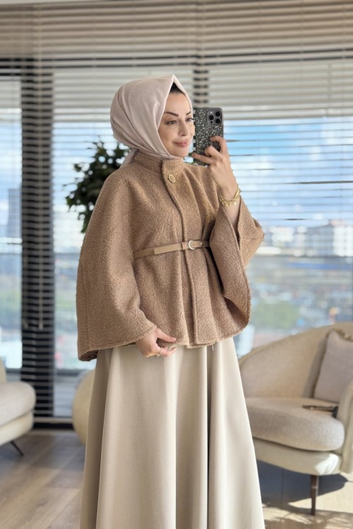 70089 Bukle Tek Düğme Pelerin Vizon