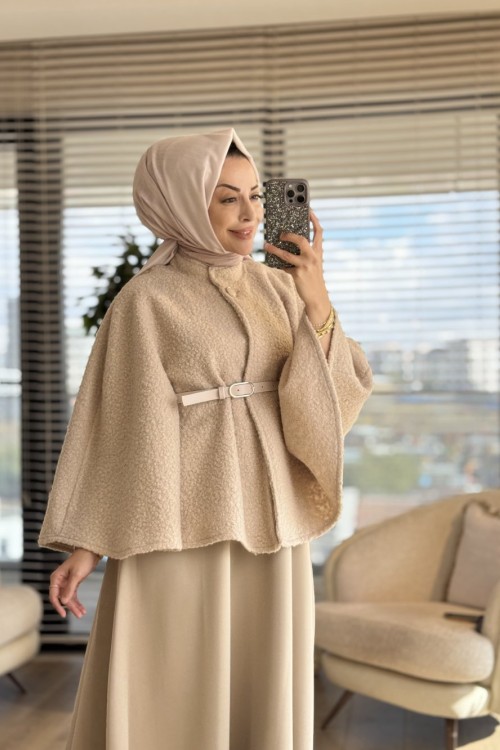70089 Bukle Tek Düğme Pelerin Taş