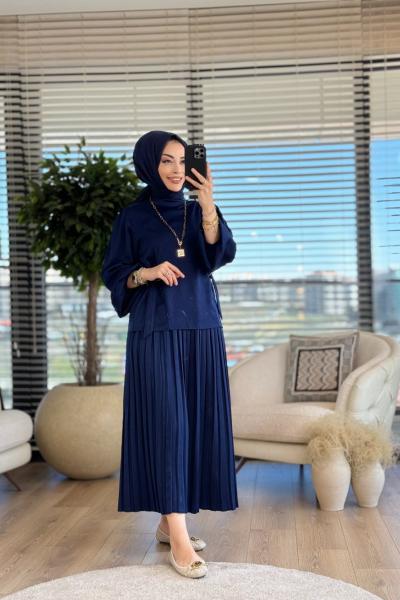 7009 Saten Yandan Bağlamalı Pilise Etekli Takım Lacivert