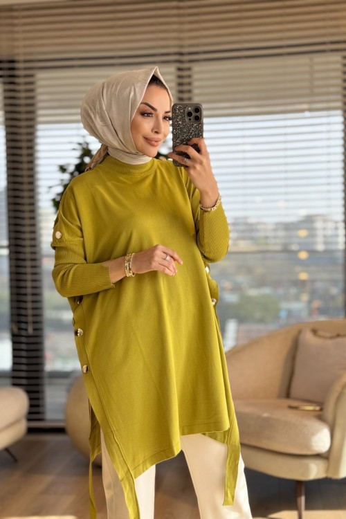 7011 Dicle Yanları Düğmeli Tunik Yağ Yeşili