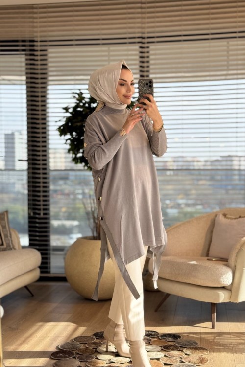 7011 Dicle Yanları Düğmeli Tunik Gri