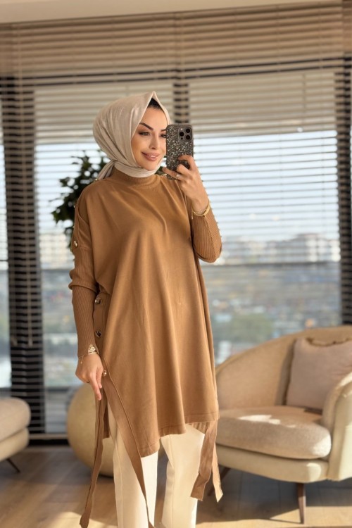 7011 Dicle Yanları Düğmeli Tunik Latte