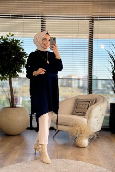 7011 Dicle Yanları Düğmeli Tunik Lacivert