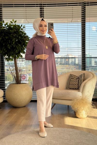 7014 Omuz Ve Kolu Düğmeli Vanezia Triko Tunik Gül