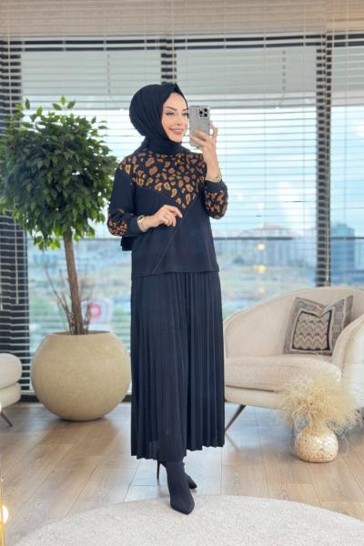 7015 Roba Ve Kol Ucu Leopar Desen Takım Siyah Latte