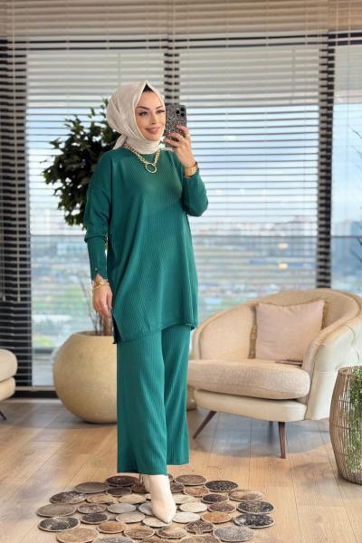 7016 Vanezia Fitilli Triko Pantolonlu Takım Zümrüt