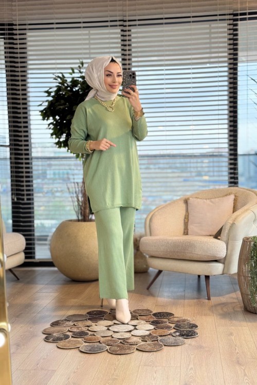 7016 Vanezia Fitilli Triko Pantolonlu Takım Çağla