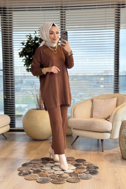 7016 Vanezia Fitilli Triko Pantolonlu Takım Kahve