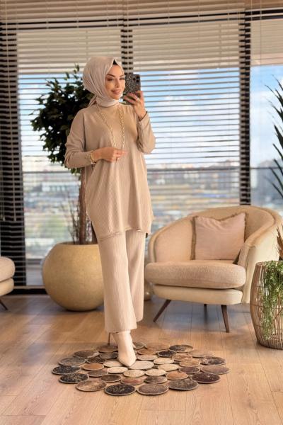 7016 Vanezia Fitilli Triko Pantolonlu Takım Bej