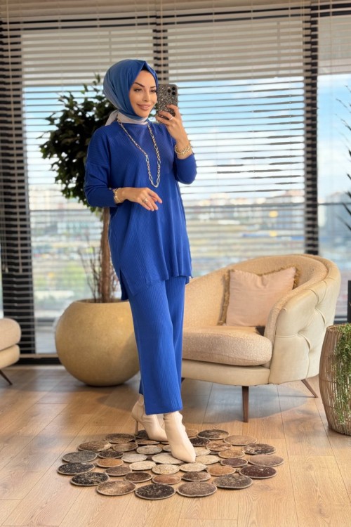 7016 Vanezia Fitilli Triko Pantolonlu Takım Saks