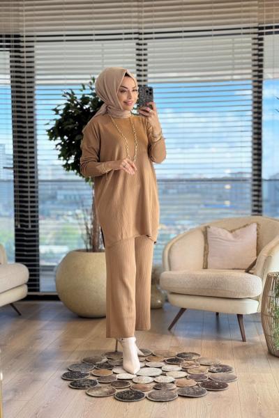 7016 Vanezia Fitilli Triko Pantolonlu Takım Latte