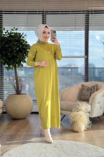 7017 Öpücük Yaka Vanezia Triko Elbise Yağ Yeşili