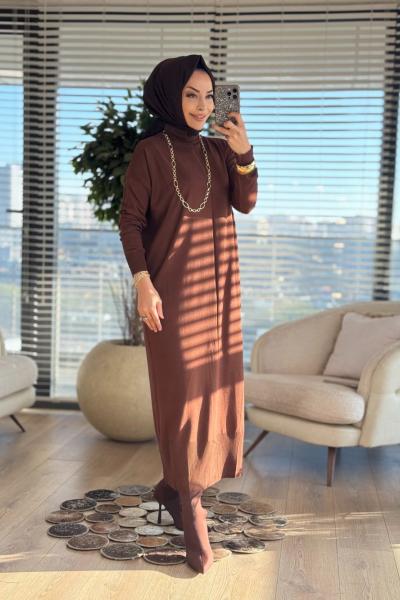 7017 Öpücük Yaka Vanezia Elbise Kahve