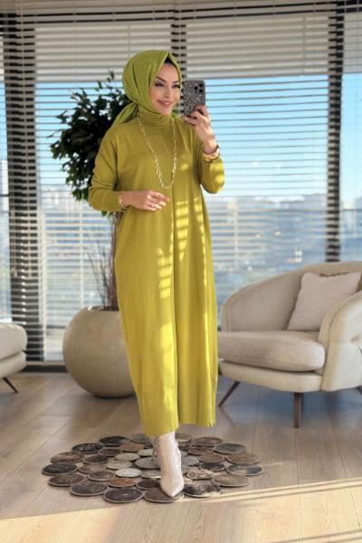 7017 Öpücük Yaka Vanezia Elbise Yağ Yeşili