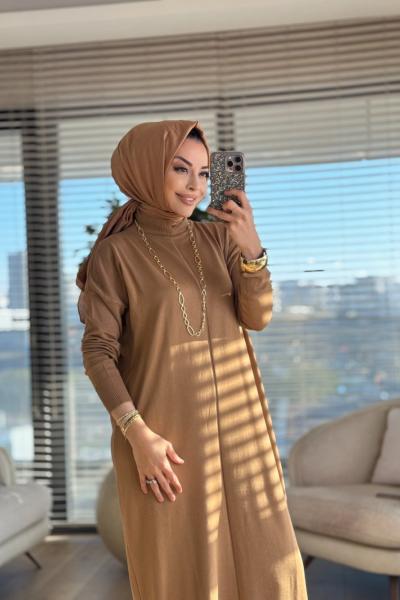 7017 Öpücük Yaka Vanezia Elbise Latte