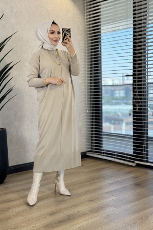 7017 Öpücük Yaka Vanezia Elbise Bej