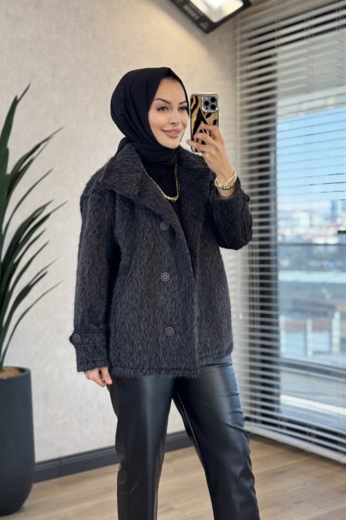 70179 Buklet Önü Düğmeli Kısa Kaban Siyah