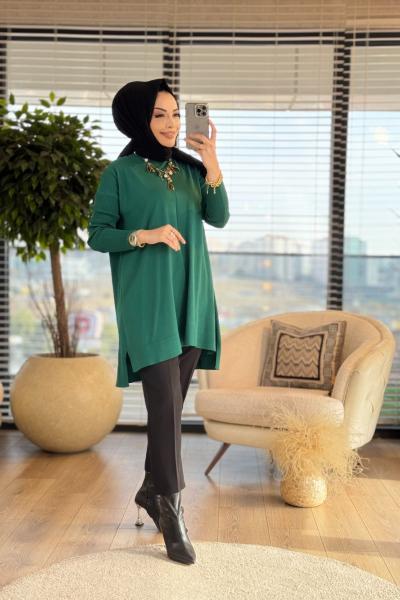 7018 Kolları Lastikli Vanezia Triko Tunik Zümrüt
