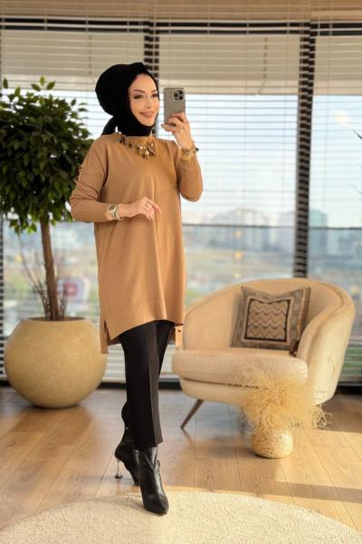 7018 Kolları Lastikli Vanezia Triko Tunik Latte
