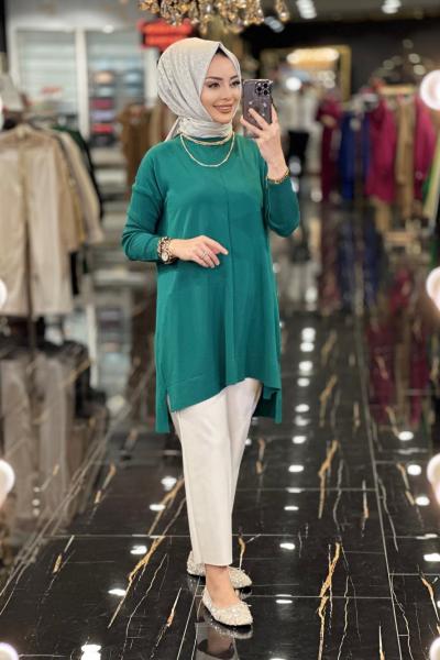 7018 Kolları Lastikli Vanezia Triko Tunik Zümrüt