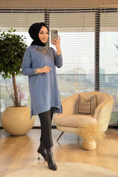7018 Kolları Lastikli Vanezia Triko Tunik İndigo