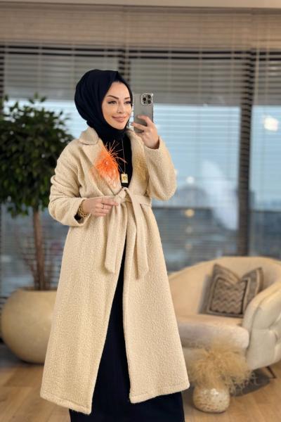7023 Pelüş Beli Kemerli Kaban Bej